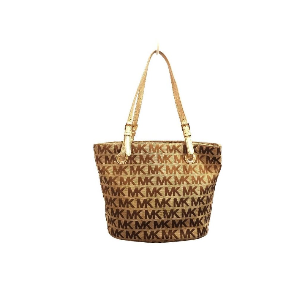 Women's Michael Kors Top Zip Signature Monogram Tote Beige Brown‎ Gold EW Purse